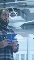 Wall Mural - animation of digital business icons and data processing over diverse business people in office