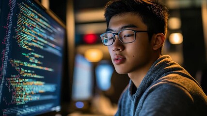 A focused young coder diligently works on a computer, surrounded by illuminated screens filled with colorful code, inside a lively tech workspace during the night.