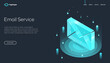© DIMA RYKOV - Futuristic isometric illustration of an email service concept with a glowing 3D envelope icon, modern design, and digital elements. Ideal for tech, communication, or web platforms.