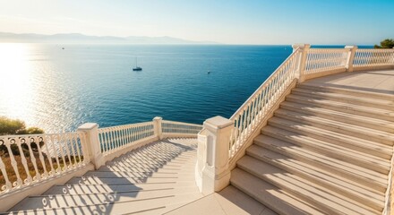  Elegant staircase leading to breathtaking ocean views under the summer sun, offering tranquility and escape