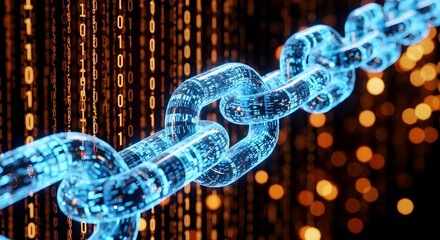 A glowing blue digital chain on a binary code background. A concept for blockchain technology, cryptocurrency, security, and decentralized networks.