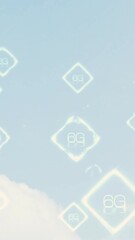 Wall Mural - floating animation of digital 6g symbols in blue sky with clouds
