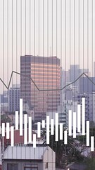 Wall Mural - Animation of data graphs overlaying city skyline buildings at sunset