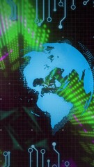 Wall Mural - animation of digital world map with colorful data streams and circuit patterns