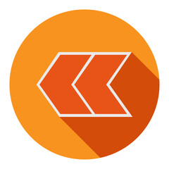 White chevron arrows pointing left on orange circular background with shadow effect, navigation icon for web interface and mobile app design
