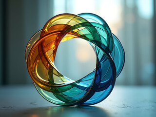 Abstract three dimensional helix loop composed of interlocking glossy bands with a smooth and symmetrical design element