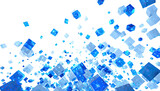 Abstract digital art featuring a multitude of translucent blue and white cubes in motion against a black background.  The cubes vary in size and overlap, creating a dynamic, almost explosive effect