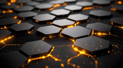Wall Mural - Abstract Hexagon Pattern Glowing Gold Lines Dark Background