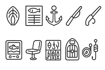 Wall Mural - fishing line icon set. nautical, angling, marine equipment symbols outline design