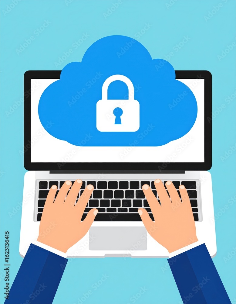 Hands typing on laptop with cloud security