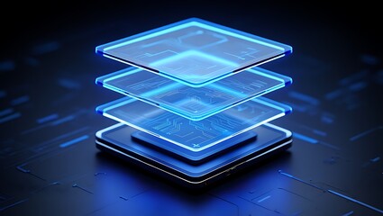 Abstract futuristic blue neon layers stacked with digital circuitry patterns on dark background