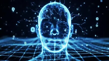 Dynamic AI face with digital data flowing around, perfect for a futuristic tech concept or cybersecurity innovation, great for modern business ventures