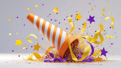 Orange and white striped party popper exploding with yellow and purple confetti and streamers explosion