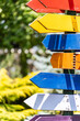 © RooM The Agency - Close-up of weathered multi coloured blank Wooden directional signs in a forest