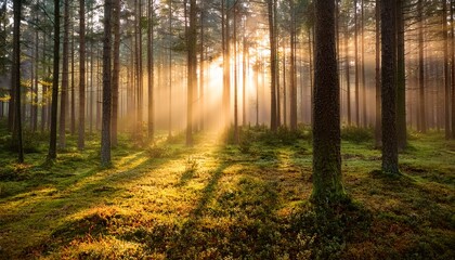 Wall Mural - warm golden sunlight filtering through dense coniferous forest branches illuminating misty woodland 