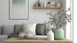 © Aphirak - close-up of a Scandinavian living room with minimalist decor, color tones: cool white, ash gray, and soft pine green