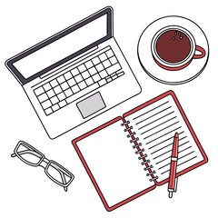 Overhead view of laptop, notebook, coffee, glasses, and pen isolated on white background