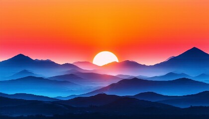 Wall Mural - vibrant orange and pink sunrise over blue layered mountains landscape featuring pixelation and ai ar
