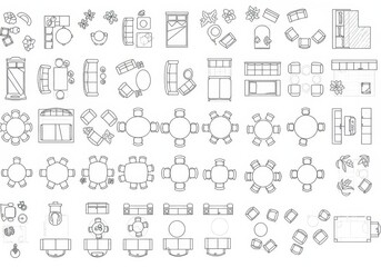 set of furniture top view symbols for architectural floor plans