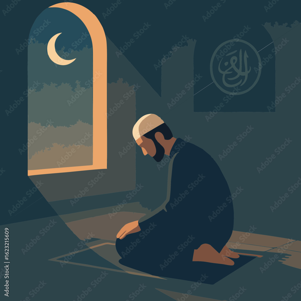 Muslim Man Praying Alone at Night - Flat Islamic Illustration Stock ...