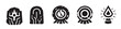 © Creative Lab - vector badges in solid silhouette style blending ancient mysticism with futuristic tech, stone tablets, circuit lines, halos, celestial symbols, weapons, wings, and sacred geometry,