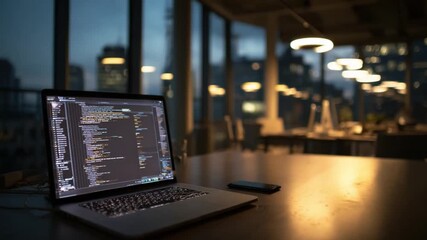 Code at Night: A dimly lit office scene unveils a modern laptop displaying intricate code on its screen, accompanied by a city lights in the blurred background.