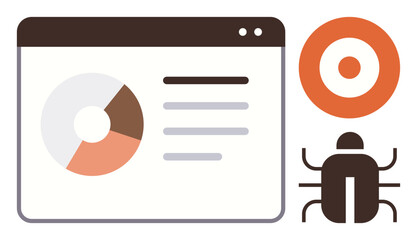 Browser window with pie chart and text, target icon, and bug graphic. Ideal for cybersecurity, data analysis, software development, goal monitoring, problem-solving, analytics simple flat metaphor