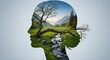 © Flux Imagery - Head silhouette filled with a lush green valley, mountains, and a winding stream, symbolizing mental well-being and natural tranquility.