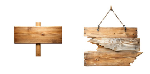 Rustic wooden signs and stacked weathered planks isolated on transparent background
