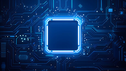 Technology quantum blue portal on circuit motherboard with thin line glowing wires. Tech background. AI chip concept. Abstract light neon square frame HUD. Computer digital bg. Vector