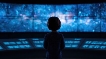 Wall Mural - A child gazes at a mesmerizing starry sky displayed on multiple screens, evoking a sense of wonder and curiosity about the universe.