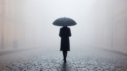 Wall Mural - A solitary figure with an umbrella stands on a cobblestone street, enveloped in thick fog, creating a mysterious and atmospheric scene.