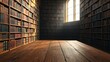 © Khadiza - Sunlight streams through a tall window illuminating a grand library with wooden floors