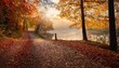 © Elowen - tranquil lakeside path in autumn forest with colorful fallen leaves and misty atmosphere