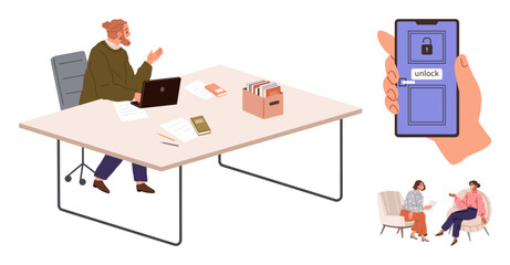 Wall Mural - man with laptop working at desk, hand holding smartphone with unlock button, colleagues in discussio
