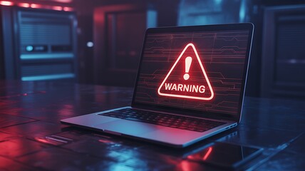 laptop displaying a warning sign with a red exclamation point on a dark futuristic looking backgroun