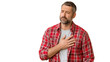 © CStock - A man in a plaid shirt expresses a moment of reflection with a hand on his chest, isolated on white background.