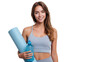 © CStock - Woman holding yoga mat and water bottle, smiling, fitness concept, white isolate background