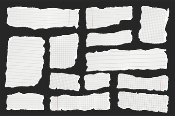 Wall Mural - Ripped paper strips. Realistic crumpled paper scraps with torn edges. Shreds of notebook, book or old newspaper pages. Trendy collage elements. Vector illustration