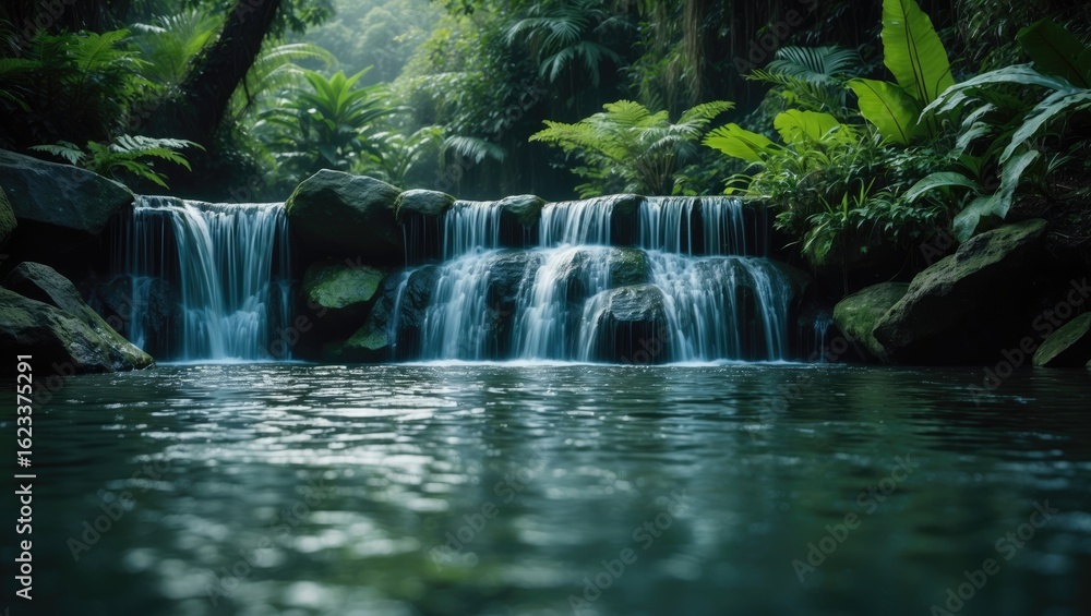 Serene waterfall cascading over rocks into a calm river surrounded by ...
