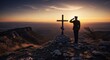 © AI Photo Stock - Sunset Salute at the Cross - A soldier silhouetted against a vibrant sunset, saluting a cross atop a mountain. Symbols of remembrance, sacrifice, peace, faith, and duty
