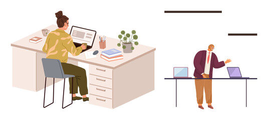Wall Mural - woman working at desk with laptop amid office supplies man presenting with laptops on table. ideal f