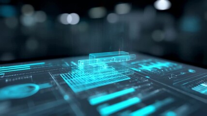 Wall Mural - futuristic interface displaying a holographic projection of a building and various data analysis cha