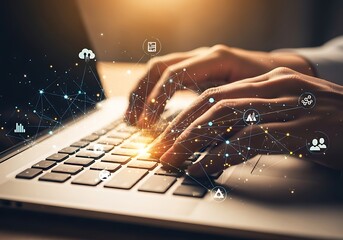 photo of closeup of hands typing on a laptop keyboard, with glowing digital network icons symbolizin