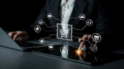 Wall Mural - Omni-channel marketing and online shopping strategies, cross-platform customer experience, brand unification, and integrated marketing communication across digital channels. Spline