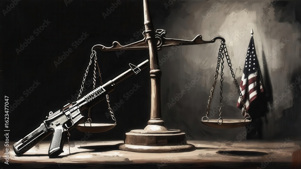 The scales of justice with an American flag on one side and a modern ...