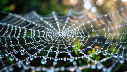 Close-up of spider web with dew drops, intricate network of silk strands, morning light illuminating the web, nature, macro shot.