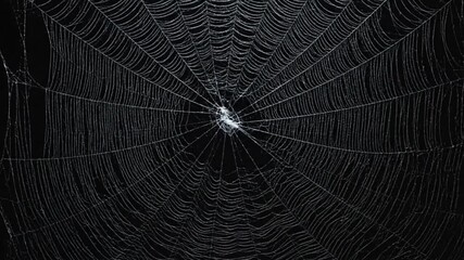 A spiderweb with dew is stretched against a black background creating a striking contrast