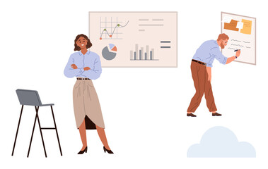 Wall Mural - businesswoman standing near charts and graphs, male colleague brainstorming on a board. ideal for te