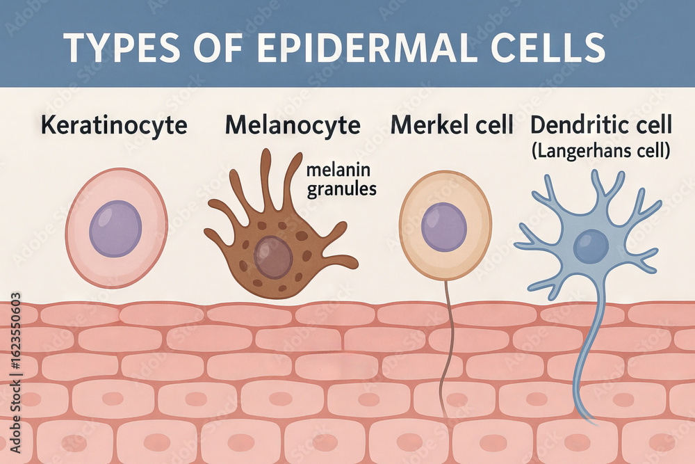 Diagram illustrating types of epidermal cells including keratinocyte ...